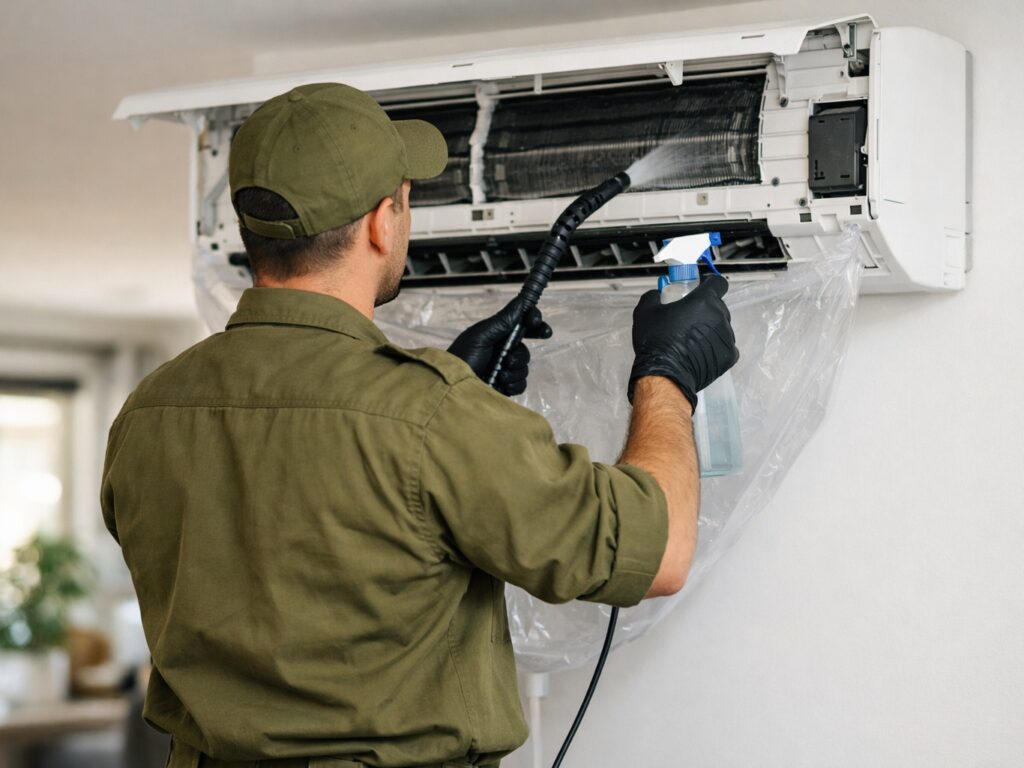 Homeowner replacing an AC filter in Florida to improve cooling efficiency and air quality